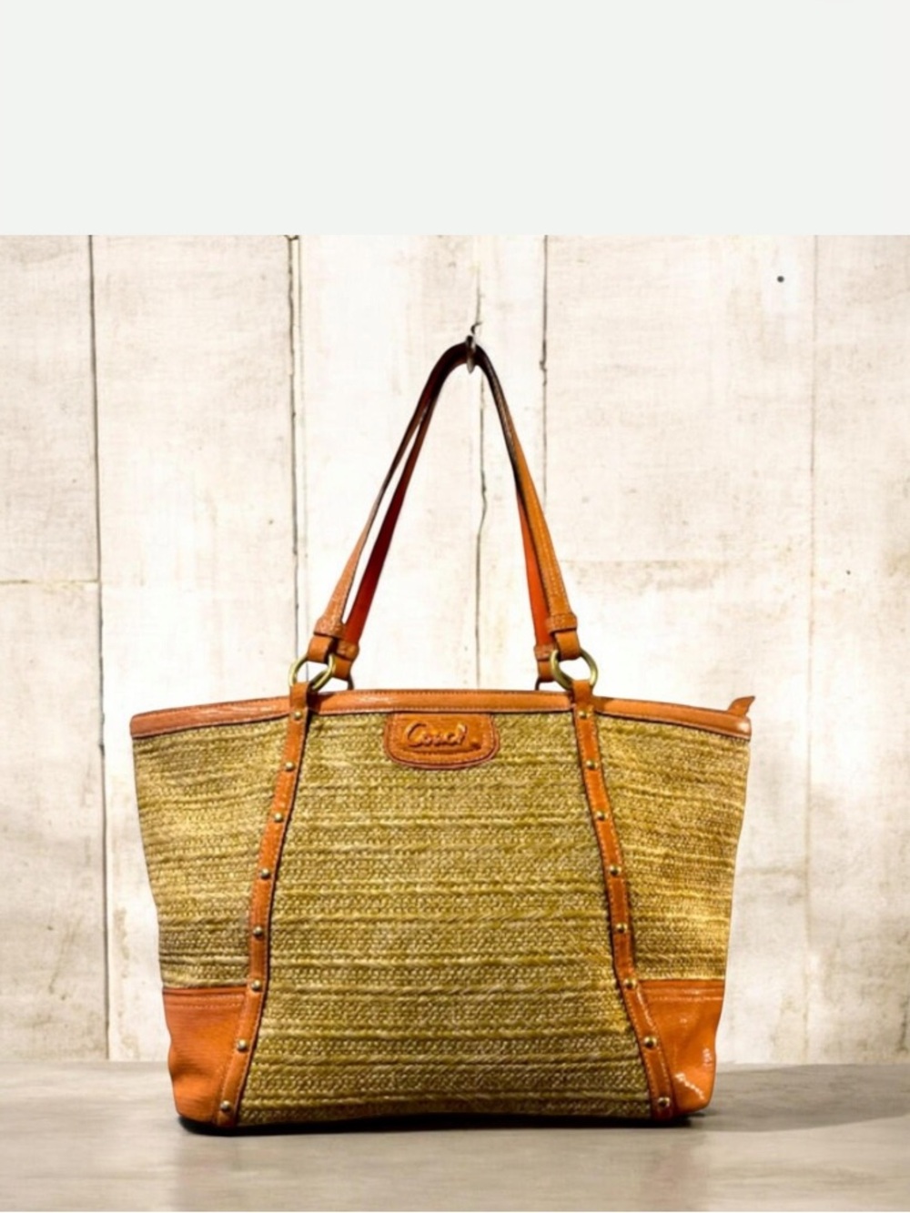 Coach Alexandra Python Studded Coral Straw Shoulder Tote Bag